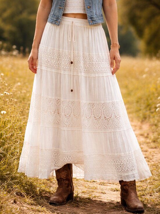 Magic Dresses & Skirts - Magic Ivory Crochet Lace Tiered Boho Maxi Skirt M Whimsical Gypsy Fairy Cottage